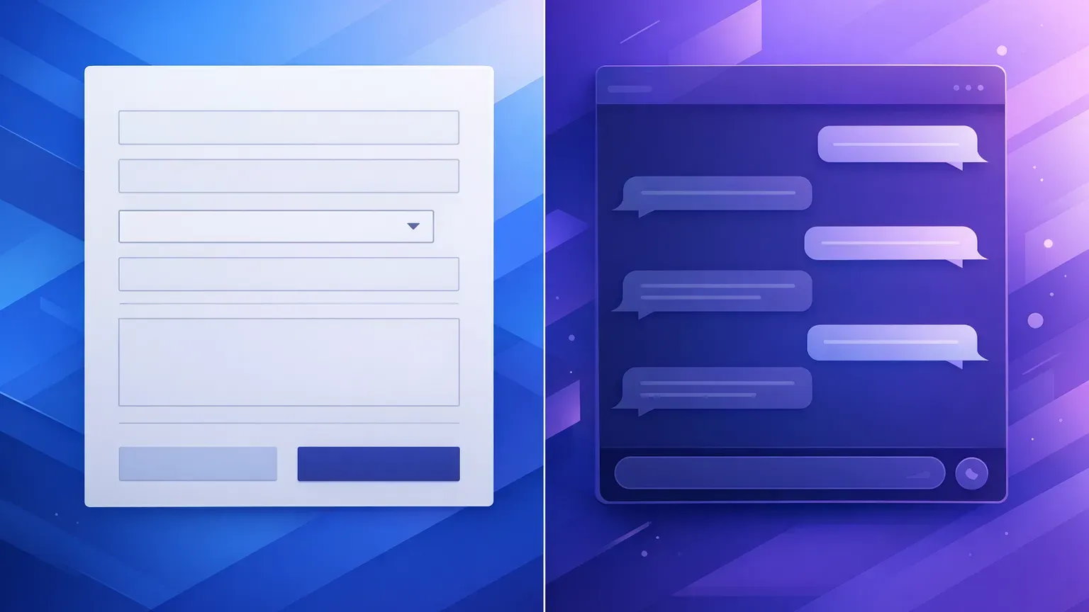 Split-screen comparison of a traditional web form and an AI conversation interface